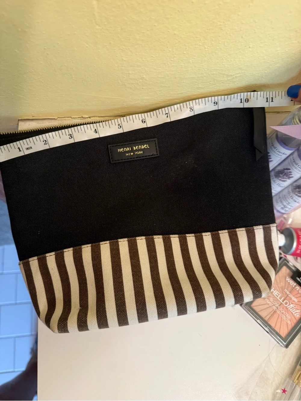 henri bendel Black and White Striped Cosmetic Pouch with Bath/Body/Nail set
